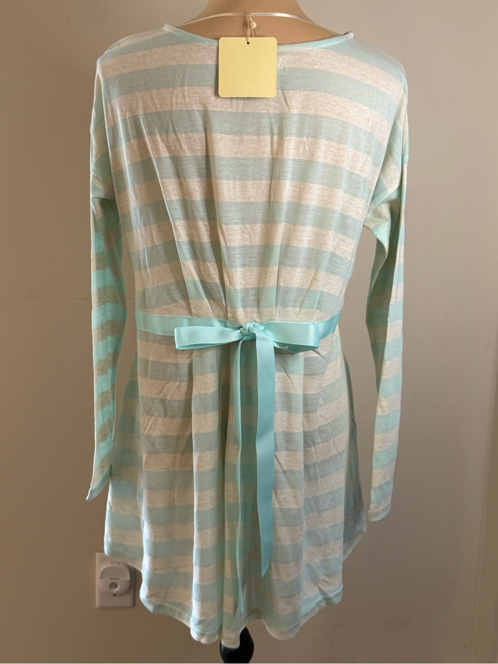 a’ reve tunic top light blue cream stripes bow back ruffle hem SZ SM